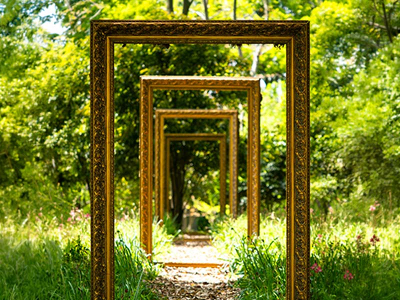 photo illustration of several picture frames arranged as doors that open into each other in a garden, by Declan Sun for Unsplash.